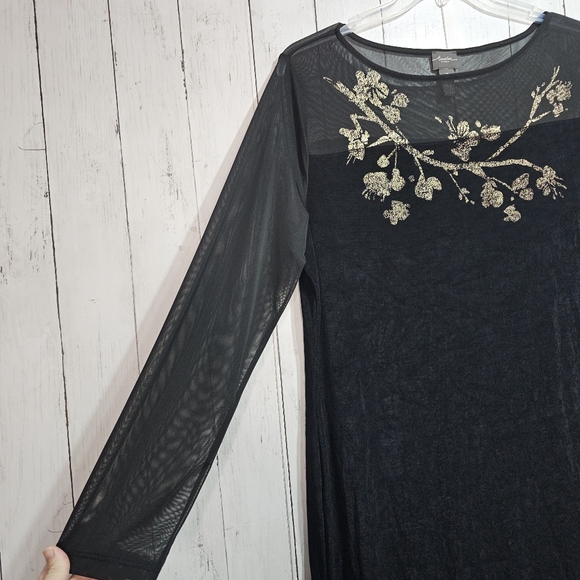 Chico's Travelers Women's Black Mesh Upper Bodice Sleeves Gold Dress Size XL 16. - Picture 5 of 10